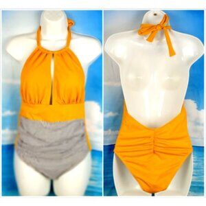 Woman ONE Piece Swim Bathing Suit HIGH NECK Keyhole front HALTER size Lg